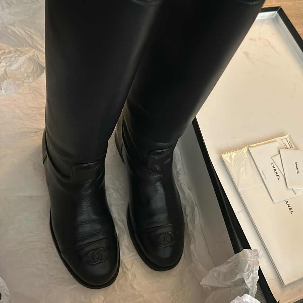 Chanel Riding Boots, black leather, gently worn, good condition, timeless style.